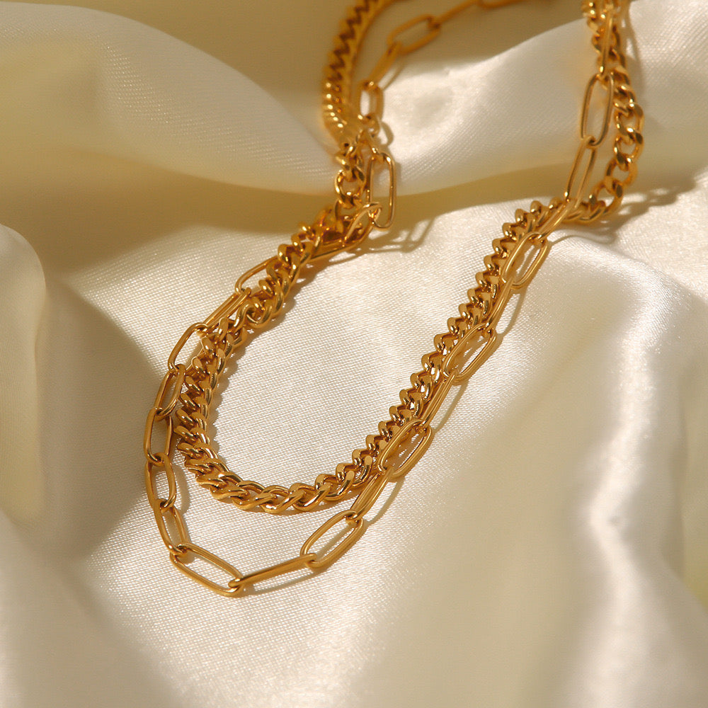18K Gold Paperclip Cuban Link Chain Layered Necklace Set