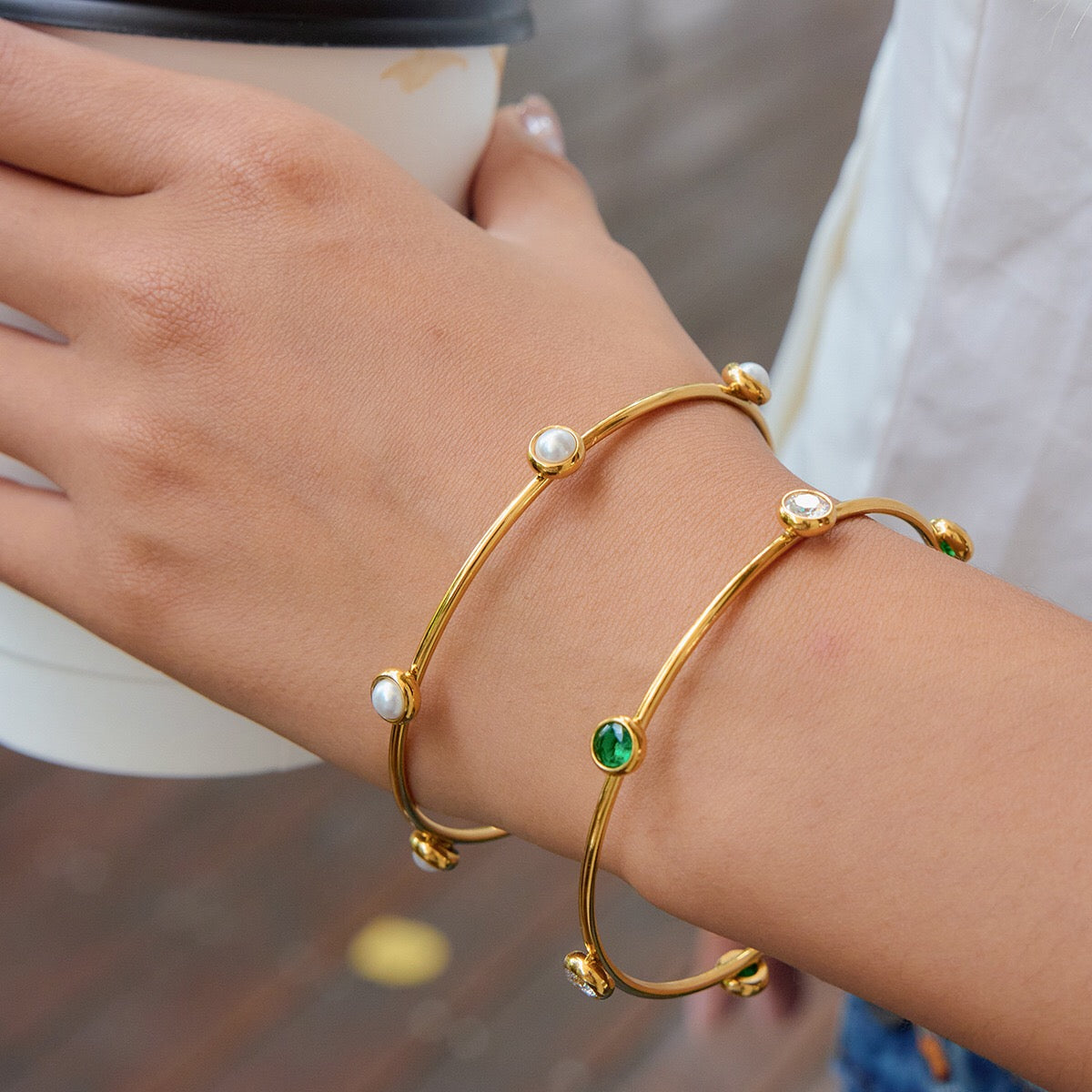 18K Gold Tiny Treasure Statement Slim Bangle Bracelet