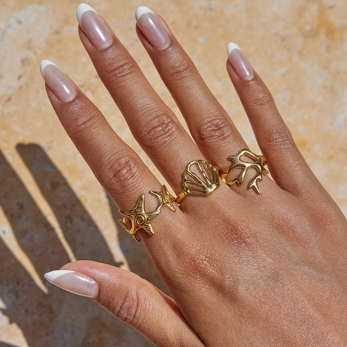 18K Gold Coastal Life Seashel Coral Starfish Ring Sets