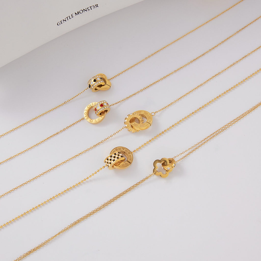 18K Gold Together Two Ring Connected Dainty Pendant Necklace