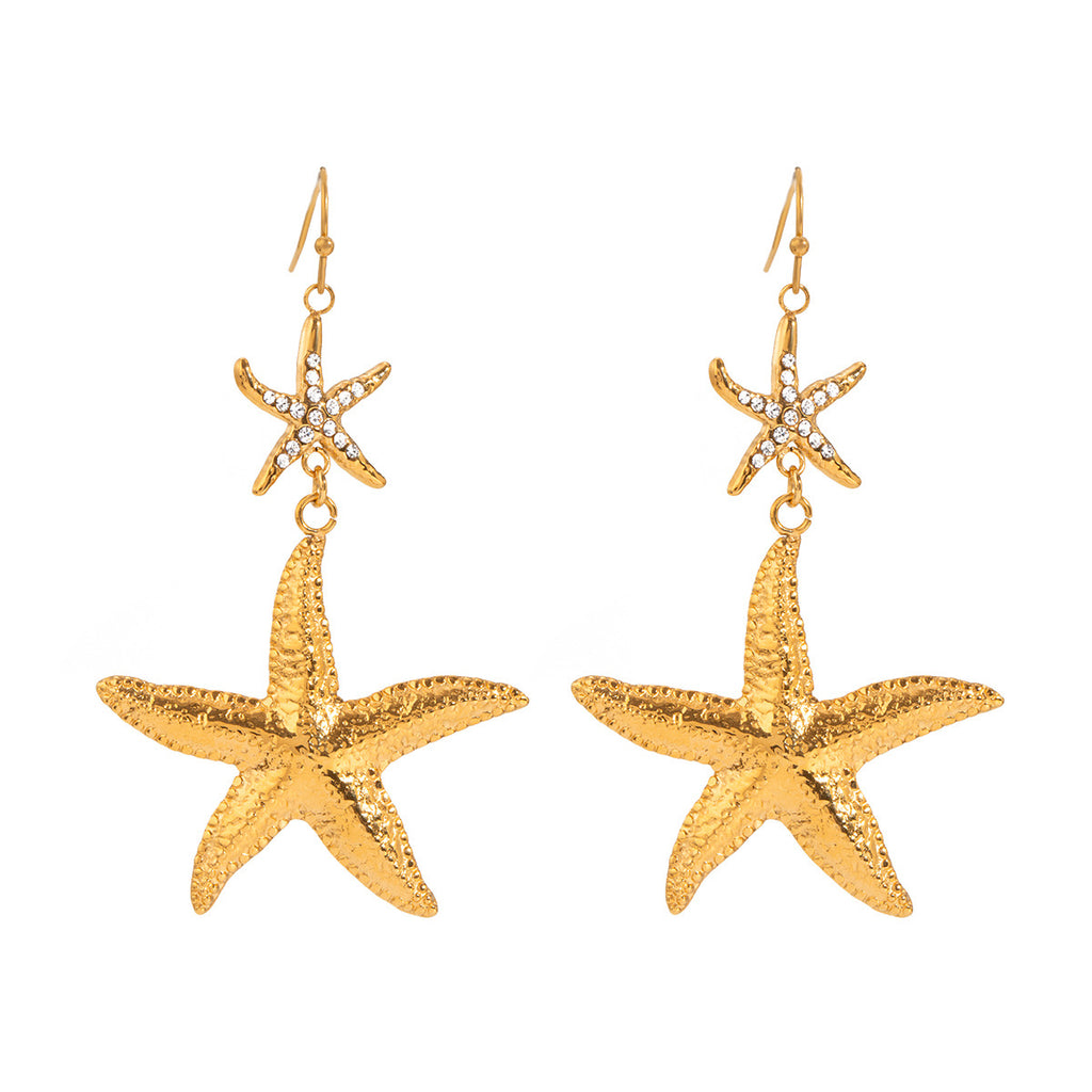 18K Gold Bling Starfish Drop Dangle Statement Earrings