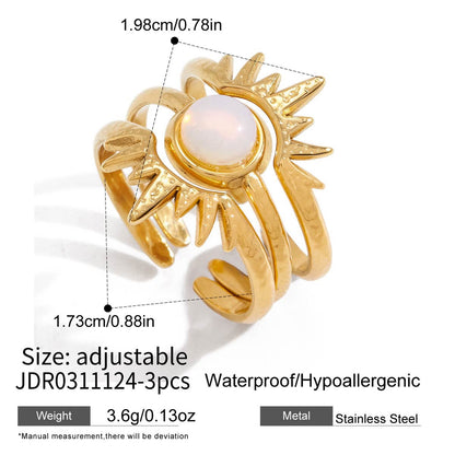 18K Gold Solar Kiss Sunburst Opal Statement Stacking Rings