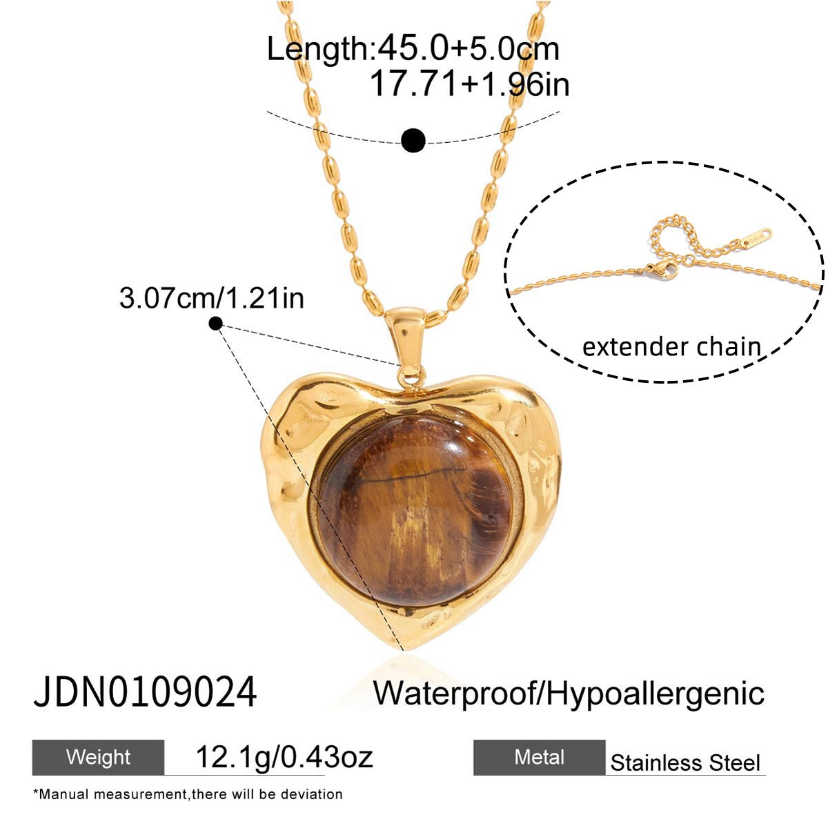 18K Gold Amber Kiss Tiger Eye Gemstone Heart Pendant Necklace
