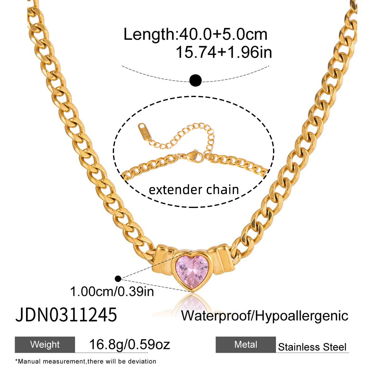 18K Gold Crimson Crush Red Pink Heart Cuban Link Chain Necklace