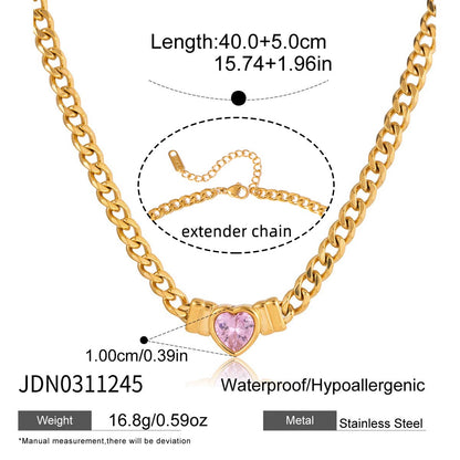 18K Gold Crimson Crush Red Pink Heart Cuban Link Chain Necklace