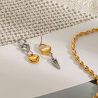 18K Gold and Silver Two Tone Love Lock Statement Stud Dangle Earrings