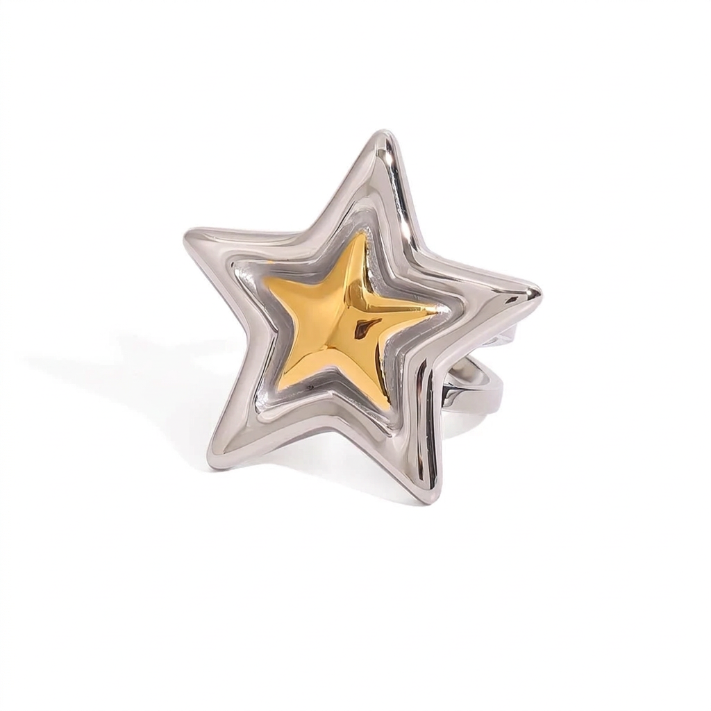 Gold and Silver Two Tone Shiny Star Pendant Necklace & Statement Ring Set