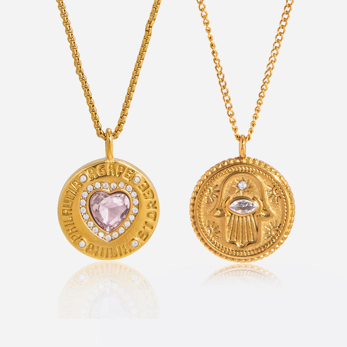 18K Gold Heart in Hand Pink Heart Hamsa Best Friend Coin Pendant Necklace