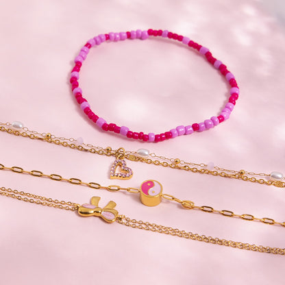 18K Gold Hot Pink Beaded Flower Bow Heart Chain Bracelet Stack