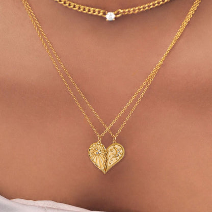 18K Gold Moon And Sun Heart Couple Necklace