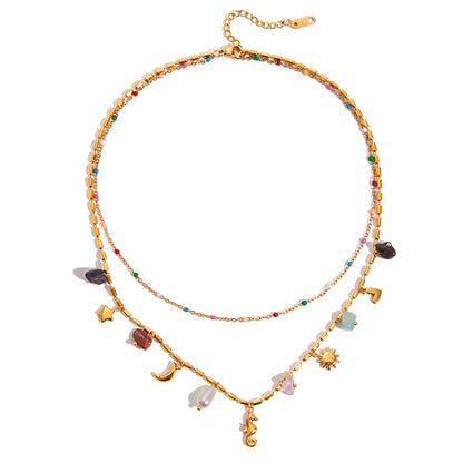 18K Gold Summer Memory Color Charm Double Chain Layered Necklace Set