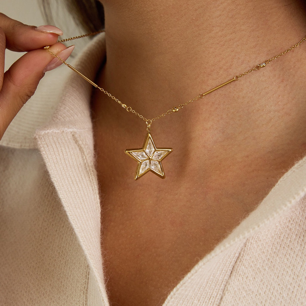 18K Gold Stellar Heart Pendant Tennis Chain Layered Necklace Set