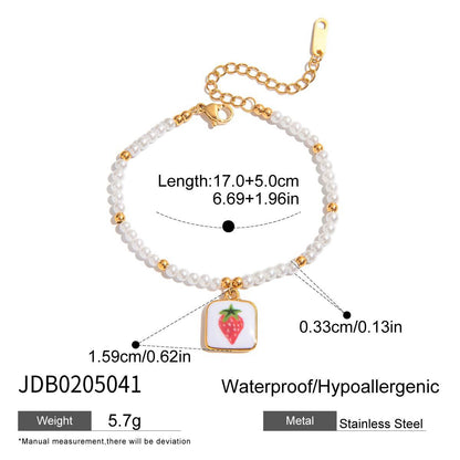 18K Gold Tropical Fruit Charm Pearl Chain Bracelet Stack