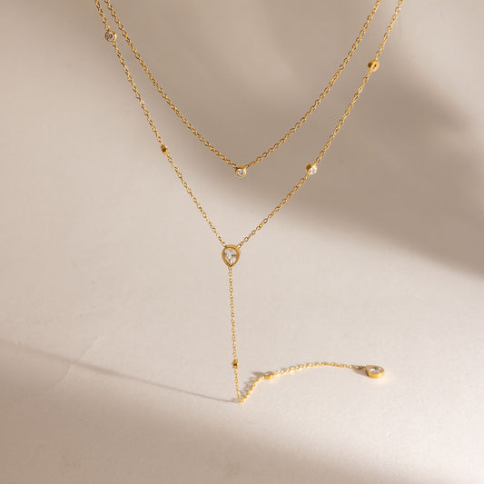 18K Gold Cascade Light Y Shape Lariat Double Chain Dainty Necklace
