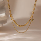 18K Gold Nova Star Cuban Link Chain Layered Necklace