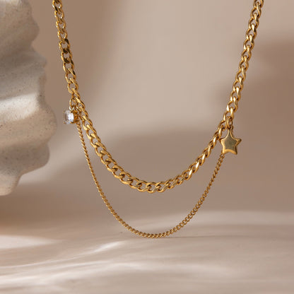 18K Gold Nova Star Cuban Link Chain Layered Necklace