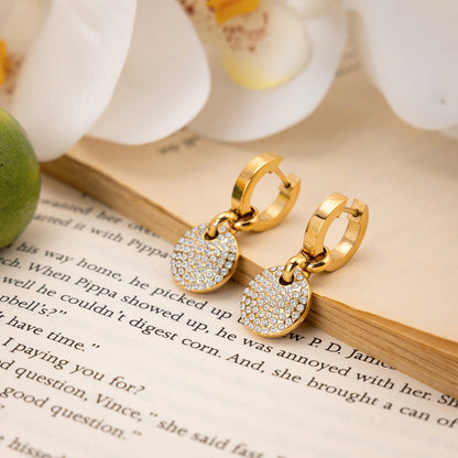 18K Gold Swinging sparkle Pave Disc Small Hoop Dangle Huggie Earrings