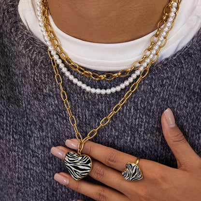 18K Gold Zebra Print Heart Pedant Paper Clip Chain Beaded Pearl Layered Necklace Set