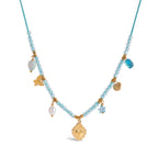 18K Gold Seaside Fantasy Blue Beads Heart Charm Circle Chain Layered Necklace Set