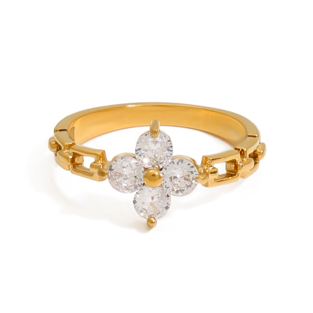 18K Gold Four Leaf Clover Flower Chain Band Stacking Ring