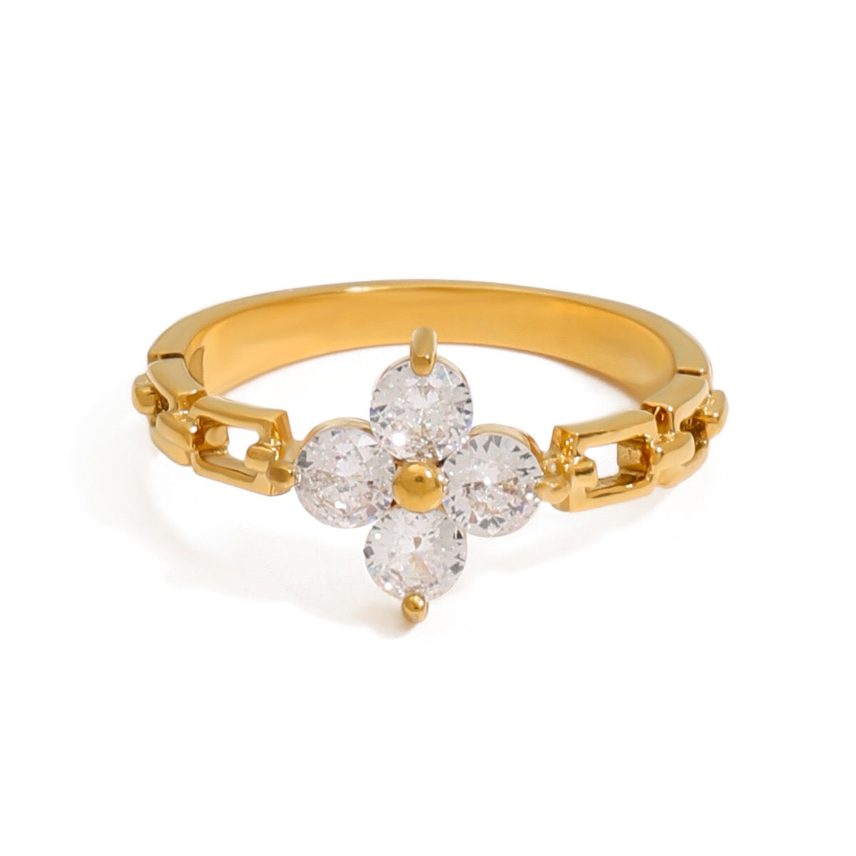 18K Gold Four Leaf Clover Flower Chain Band Stacking Ring