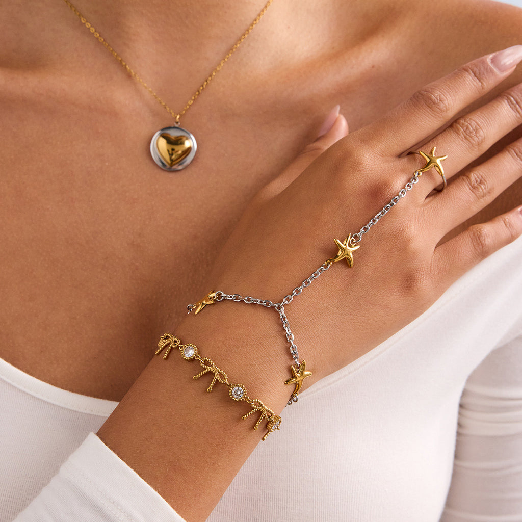 18K Gold Silver Two Tone Waterproof Starfish Hand Jewelry Chain Bracelet