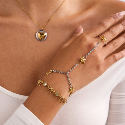 18K Gold Silver Two Tone Waterproof Starfish Hand Jewelry Chain Bracelet
