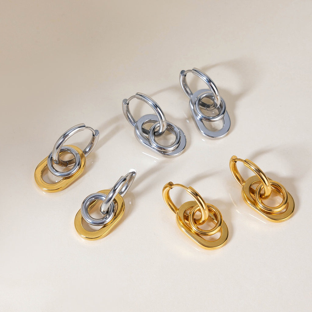 18K Gold and Silver Two Tone Trinity Small Hoop Dangle Huggie Earrings