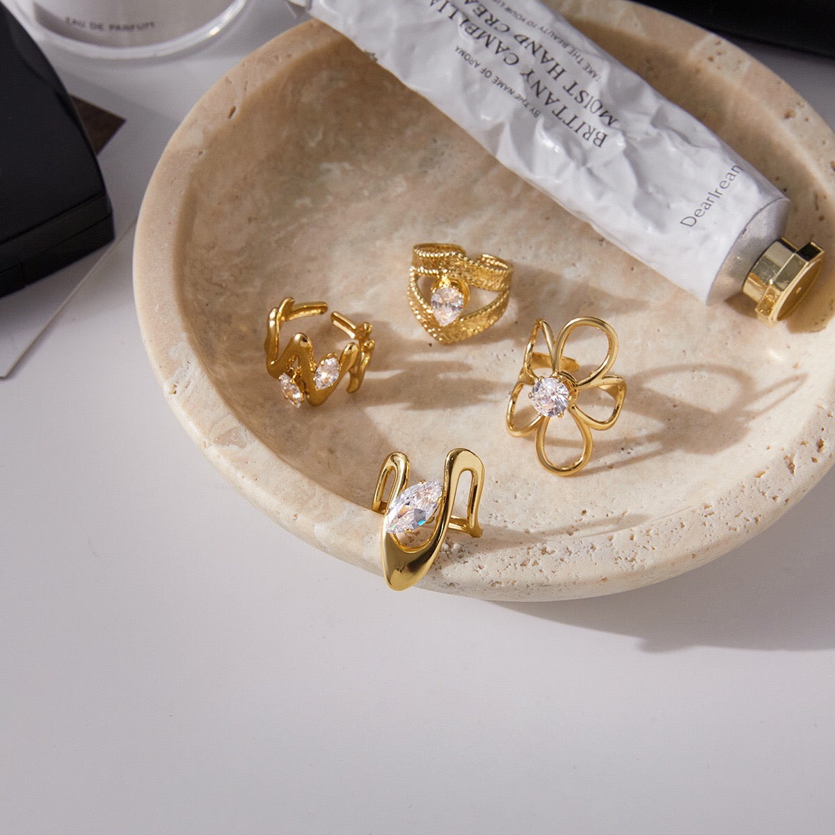 18K Gold Daily Glam Flower Heart CZ Statement Rings Set