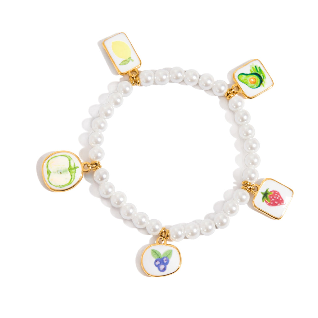 18K Gold Tropical Fruit Charm Pearl Chain Bracelet Stack