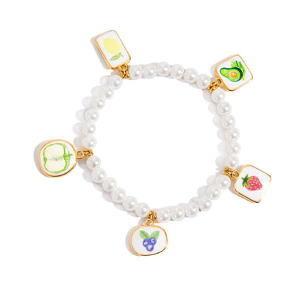 18K Gold Tropical Fruit Charm Pearl Chain Bracelet Stack