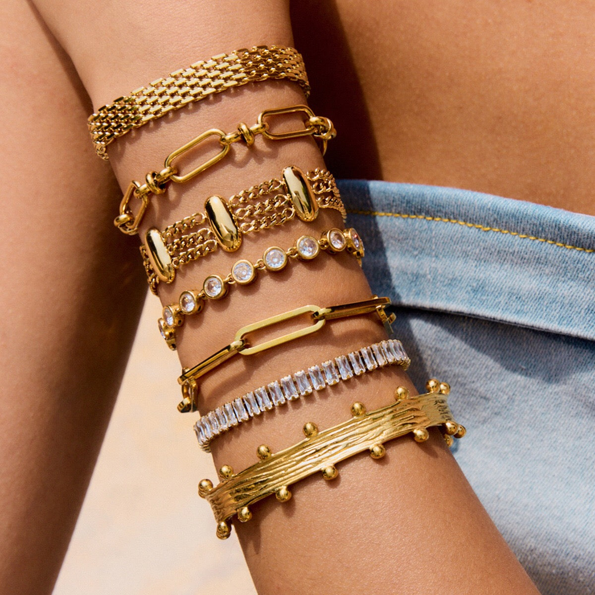 18K Gold Opulence Paperclip Chain Tennis Chunky Statement Bangle Bracelet Stack