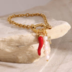 18K Gold Italian Horn Pearl Charm Bracelet