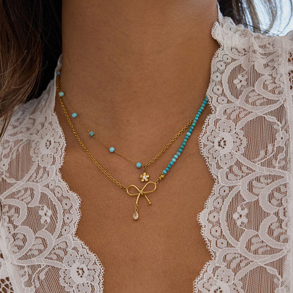 18K Gold Turquoise Beads Bow Pendant Double Chain Layered Necklace Set