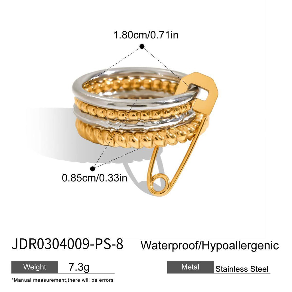 18K Gold and Silver Two Tone Safety Pin Spinelli Connected Multi Layers Stacking Ring
