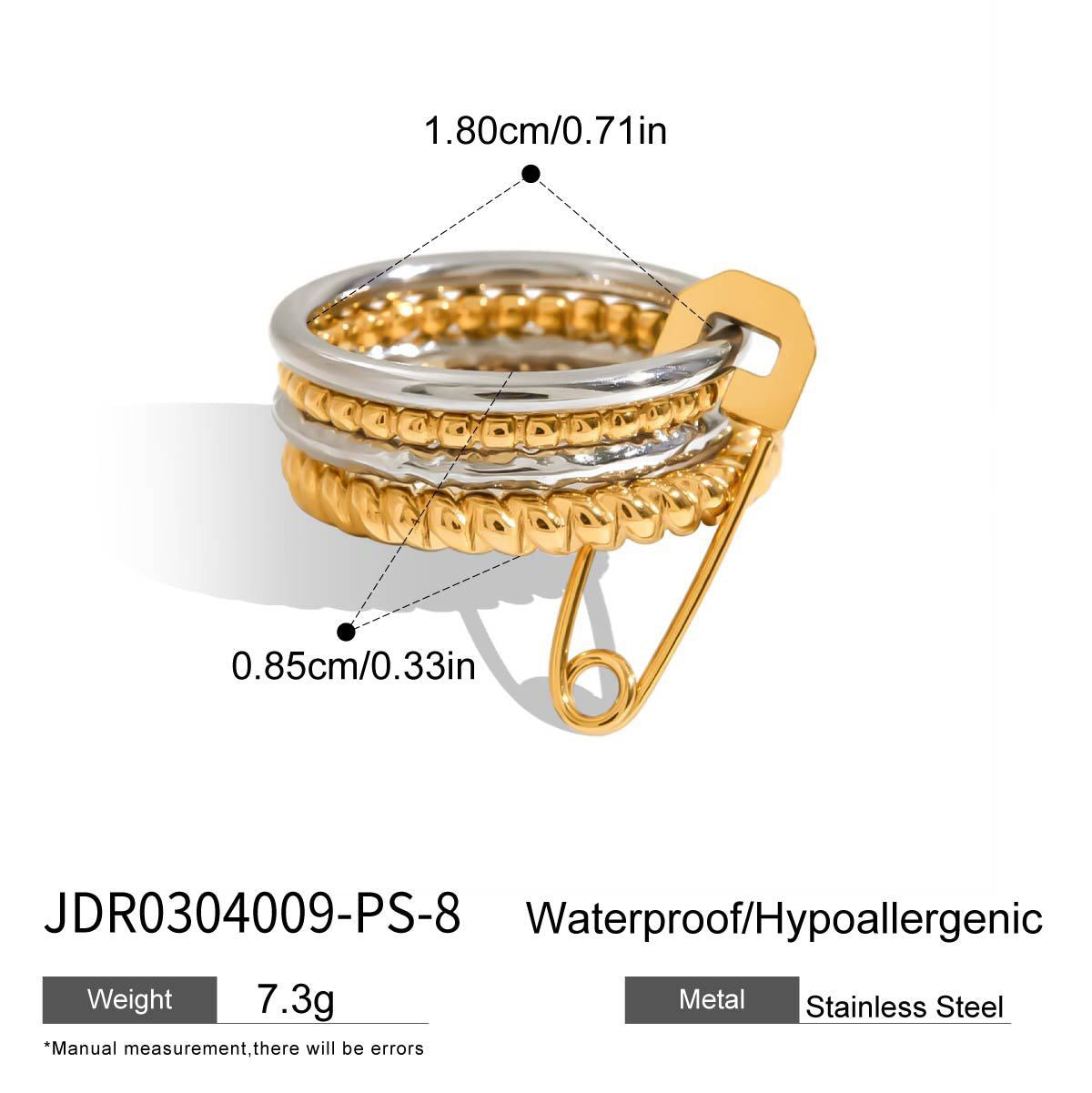 18K Gold and Silver Two Tone Safety Pin Spinelli Connected Multi Layers Stacking Ring