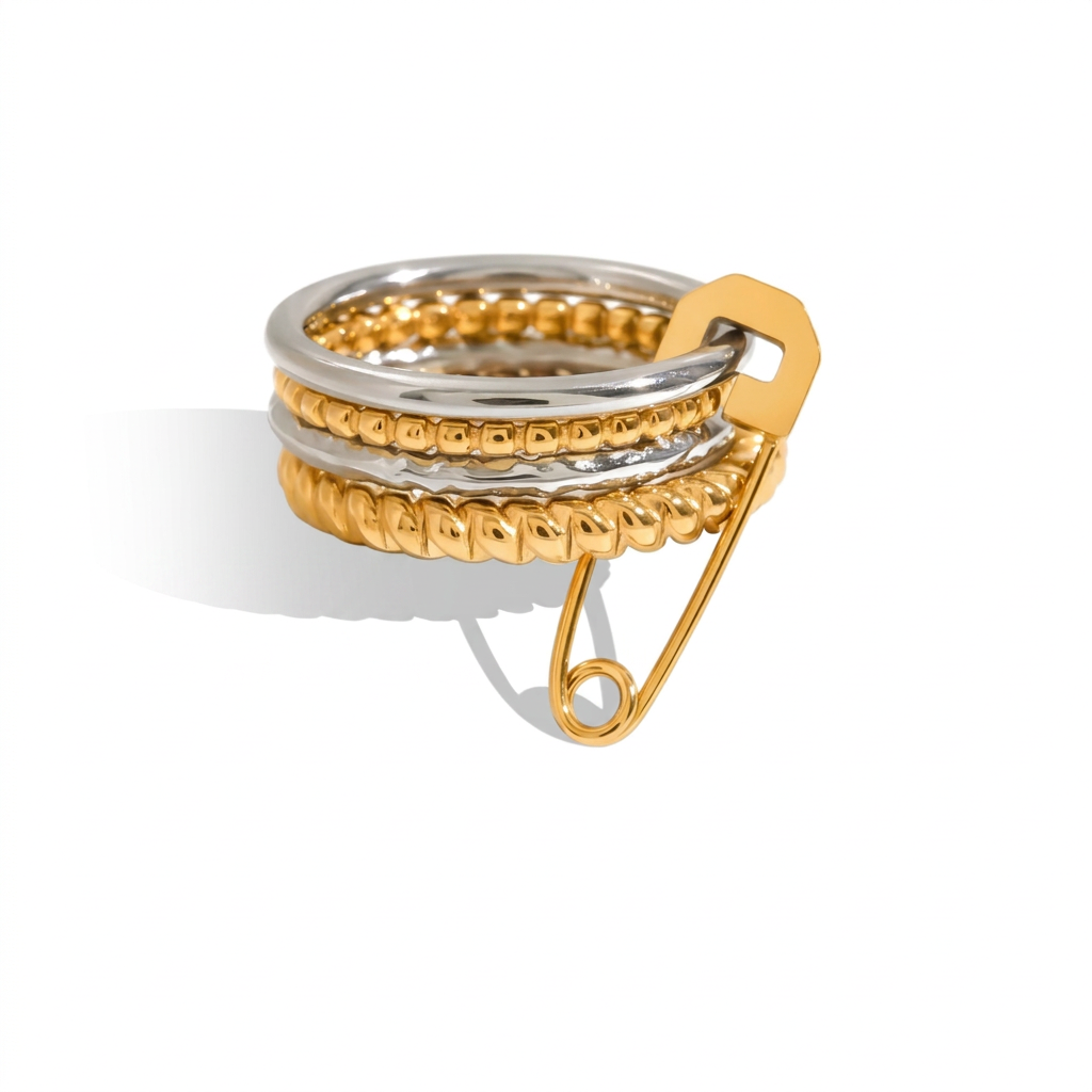 18K Gold and Silver Two Tone Safety Pin Spinelli Connected Multi Layers Stacking Ring