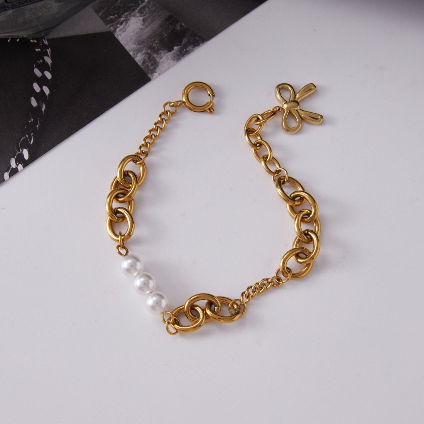 18K Gold Golden Form Pearl Paperclip Chain Bracelet Stack