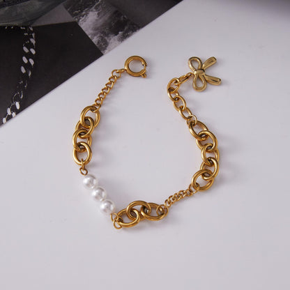 18K Gold Golden Form Pearl Paperclip Chain Bracelet Stack
