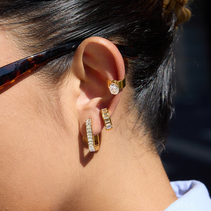 18K Gold Full Glam Rectangle Hoop Huggie Earrings CZ Ear Cuffs Stack