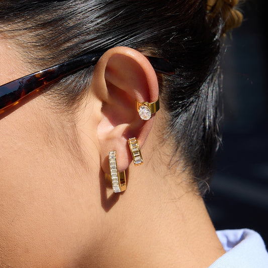 18K Gold Full Glam Rectangle Hoop Huggie Earrings CZ Ear Cuffs Stack