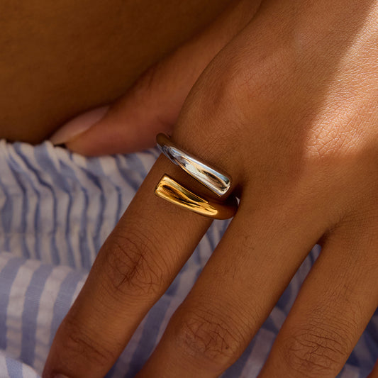 18K Gold Two Tone Minimalist Chic Silver Cuff Ring