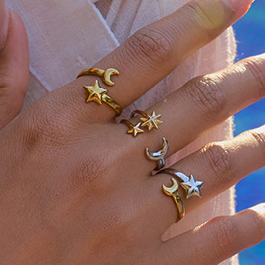 18K Gold Star and Moon Two Tone Silver Ring