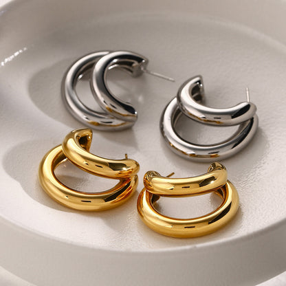 18K Gold Unique Double Hoop Huggie Earrings