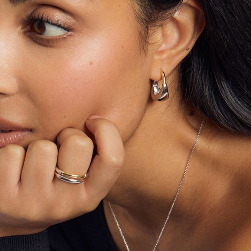 18K Gold and Silver Two Tone Dome Small Hoop Dangle Huggie Earrings