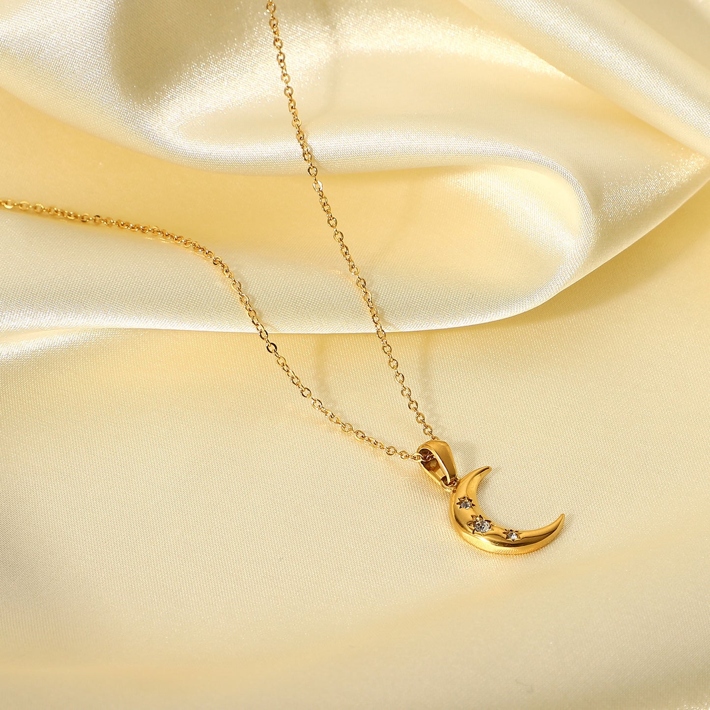 18K Gold Star Adorned Crescent Moon Pendant Necklace