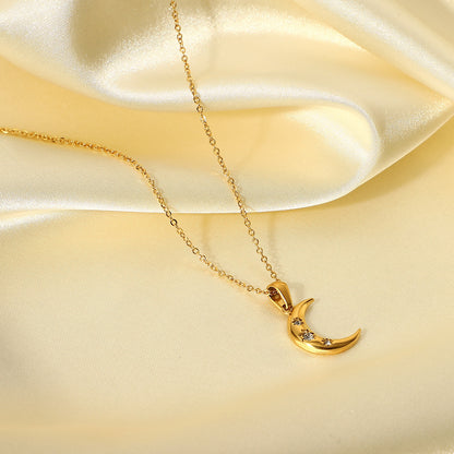 18K Gold Star Adorned Crescent Moon Pendant Necklace