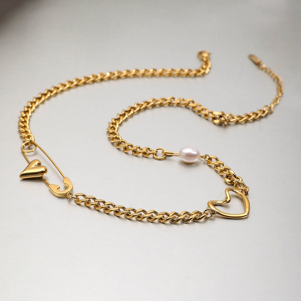 18K Gold Heart Safety Pin Pearl Cuban Curb Chain Necklace