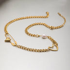 18K Gold Heart Safety Pin Pearl Cuban Curb Chain Necklace