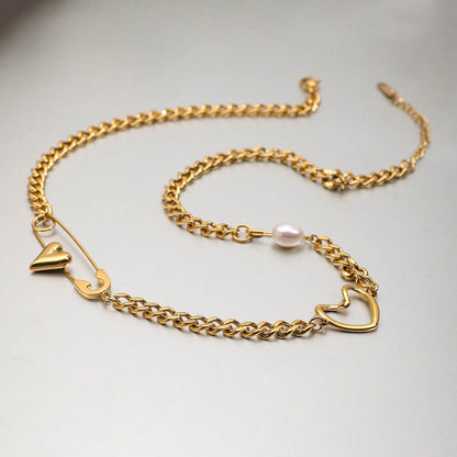 18K Gold Heart Safety Pin Pearl Cuban Curb Chain Necklace